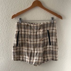 Zara Tweed Neutral Beige Plaid Skort Small
